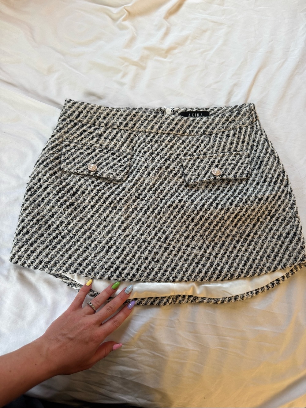 AKIRA Black & White Tweed Pocket-Front Mini Skirt